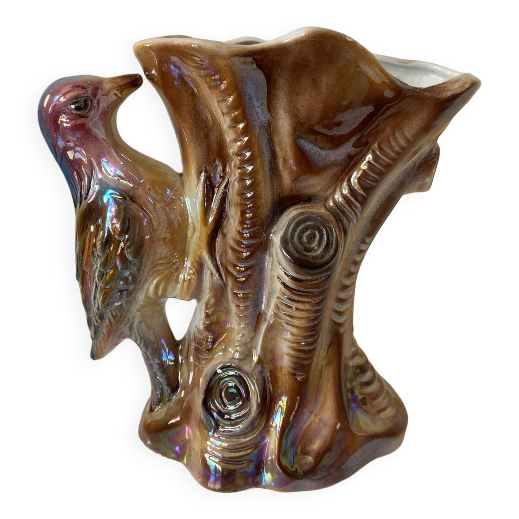 Kitsch Vase "Tree Trunk with Green Woodpecker" - Pink Iridescent Ceramic