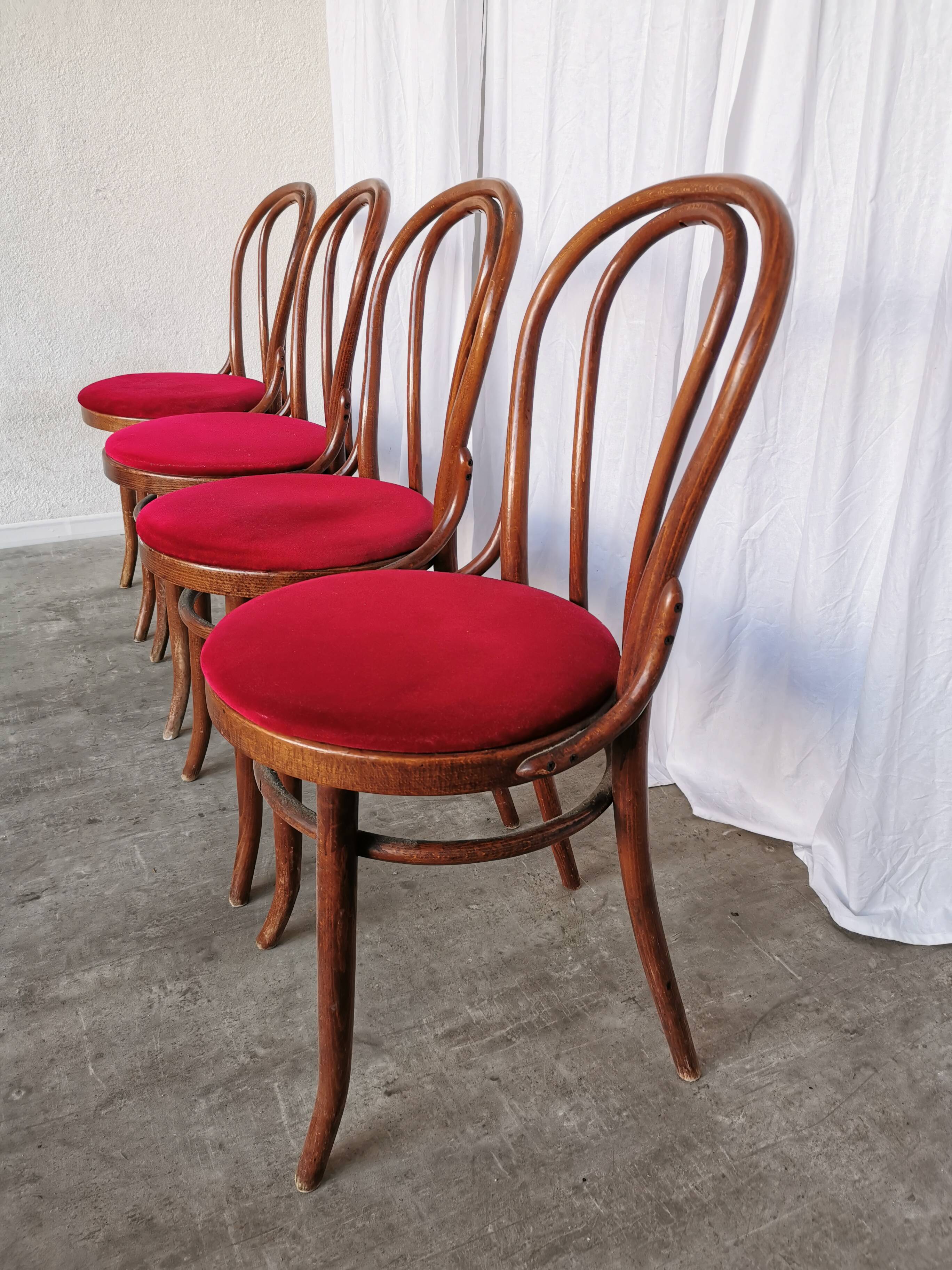 Set of 4 Vintage Bentwood Bistro Chairs, Red Upholstery