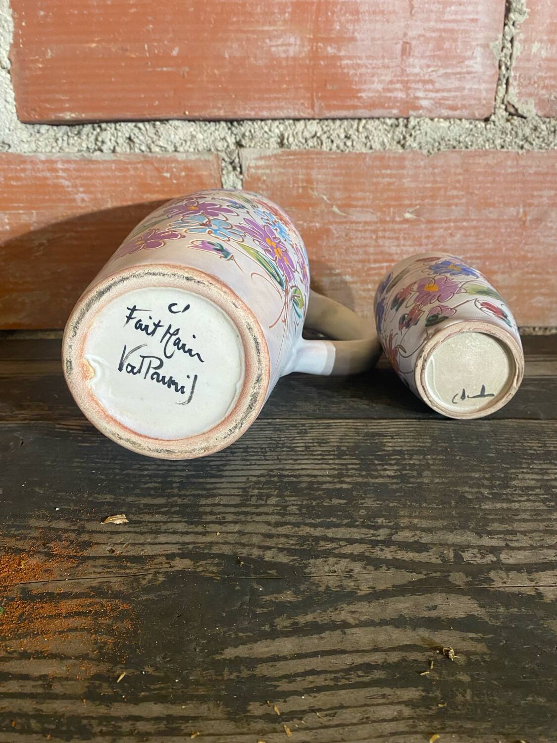 Orangeade Service VALLAURIS Ceramic Flowers Pitcher + 6 Vinta Glasses