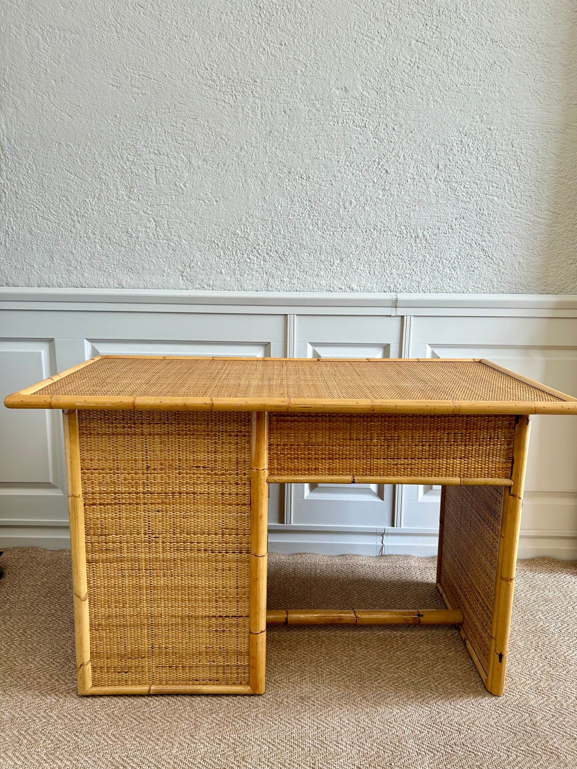 Bamboo & rattan wicker desk with 5 drawers by Dal Vera, Italy, 1970s