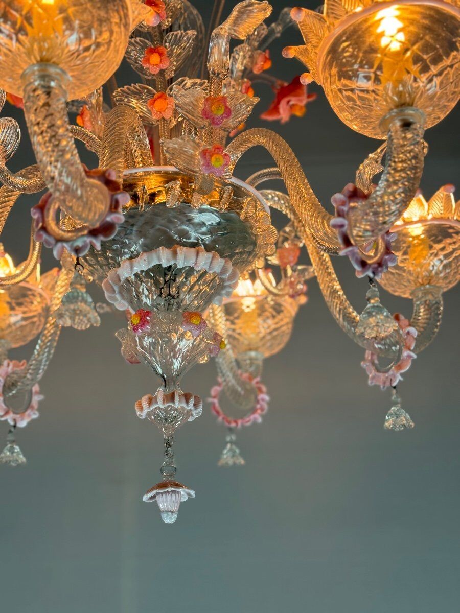 Venetian chandelier in colorless and pink Murano glass, 6 light arms circa 1940