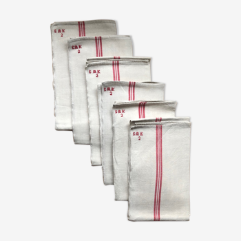 Set of 6 white cotton linen tea towels with red stripes. Monogram EMK 2