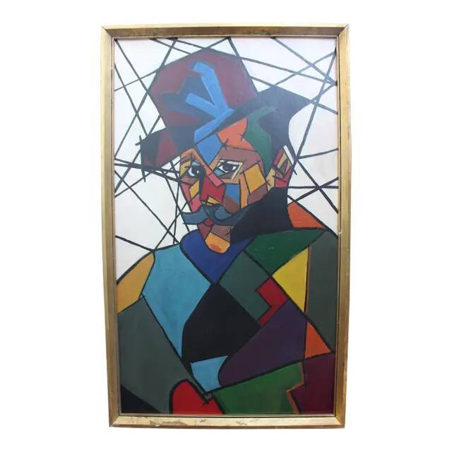 "Man in Hat" Contemporary Cubist Style Figurative Acrylic Painting Framed