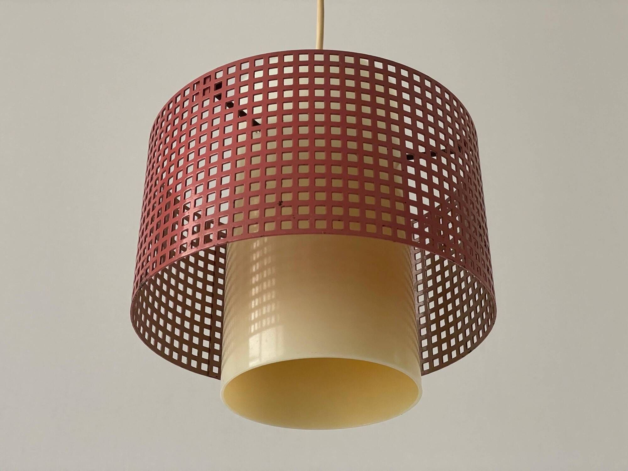 Suspended lamp in pink metal and plexiglass, Danish design, 1960s, Denmark.