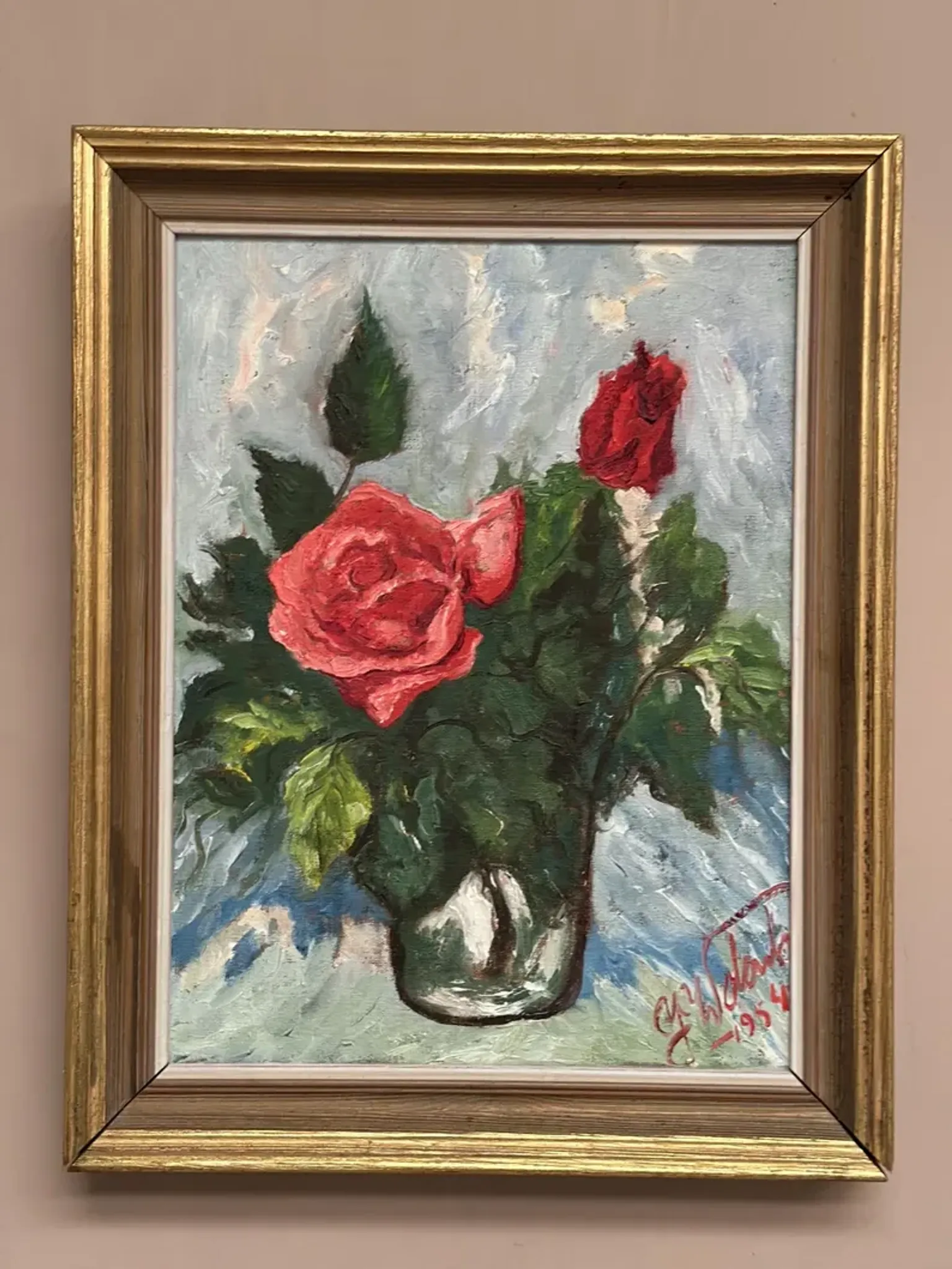 Original Swedish Oil on Canvas– “Still Life with Pink Rose” by Jacques Lalande – Vintage & Framed – 36 × 45 cm (14.1" × 17.7")