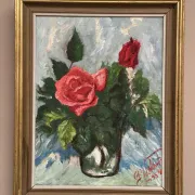 Original Swedish Oil on Canvas– “Still Life with Pink Rose” by Jacques Lalande – Vintage & Framed – 36 × 45 cm (14.1" × 17.7")
