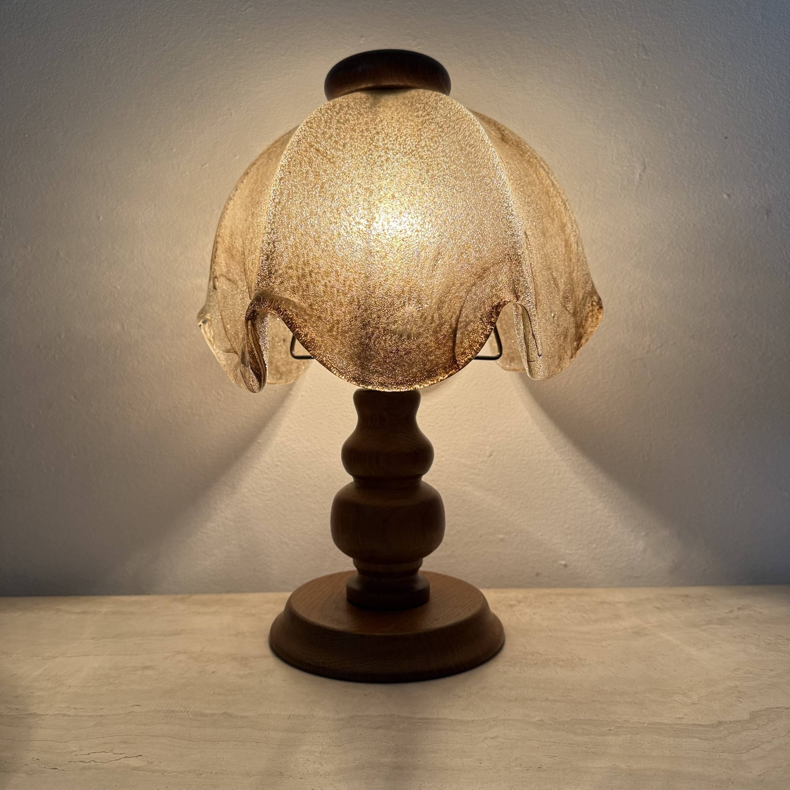Vintage brutalist glass table lamp with solid oak wooden base , 1970s