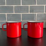 Red enameled sheet metal mug
