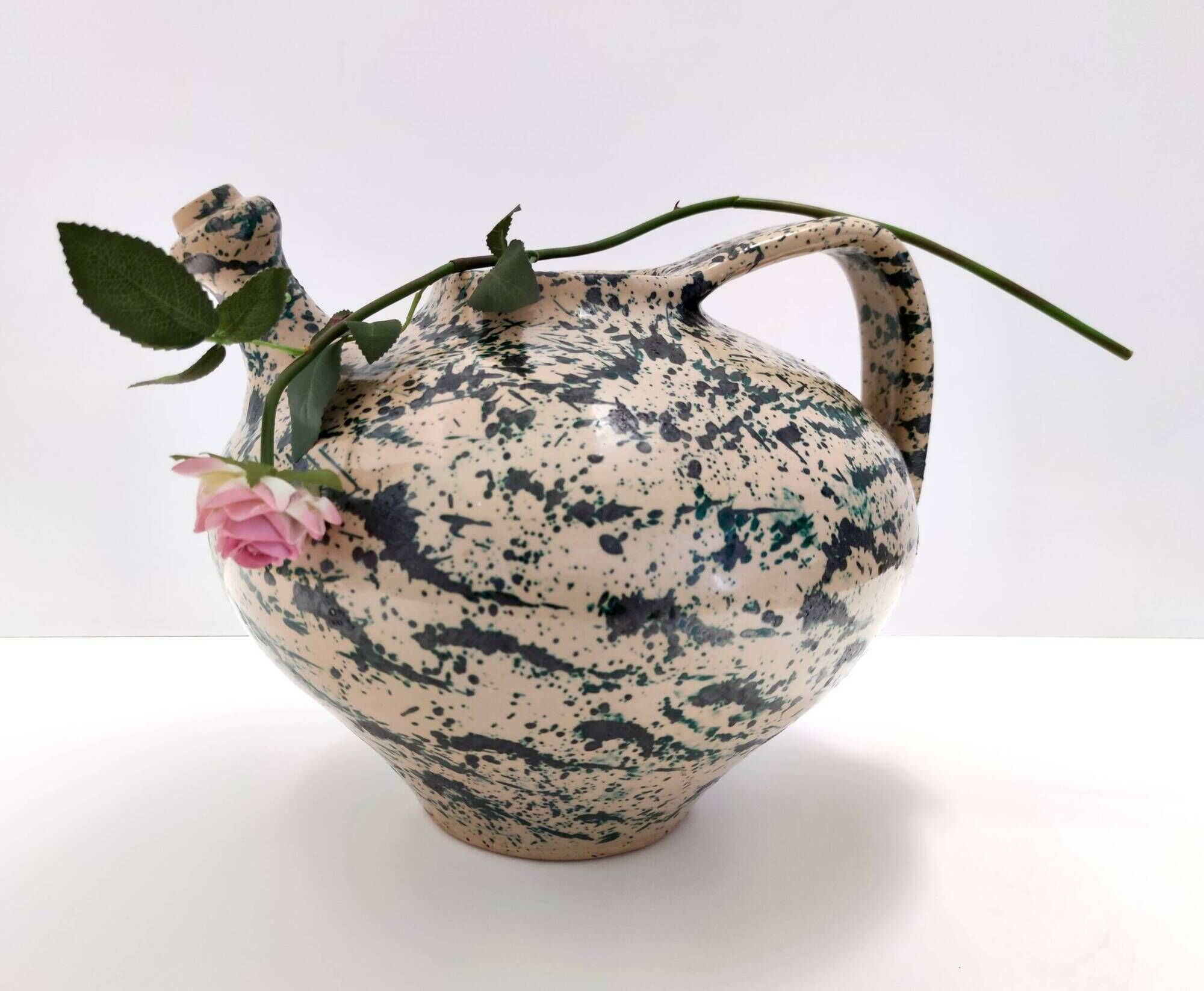 Vintage Brown and Green Lacquered and Handpainted Terracotta Vase, Deruta, Italy