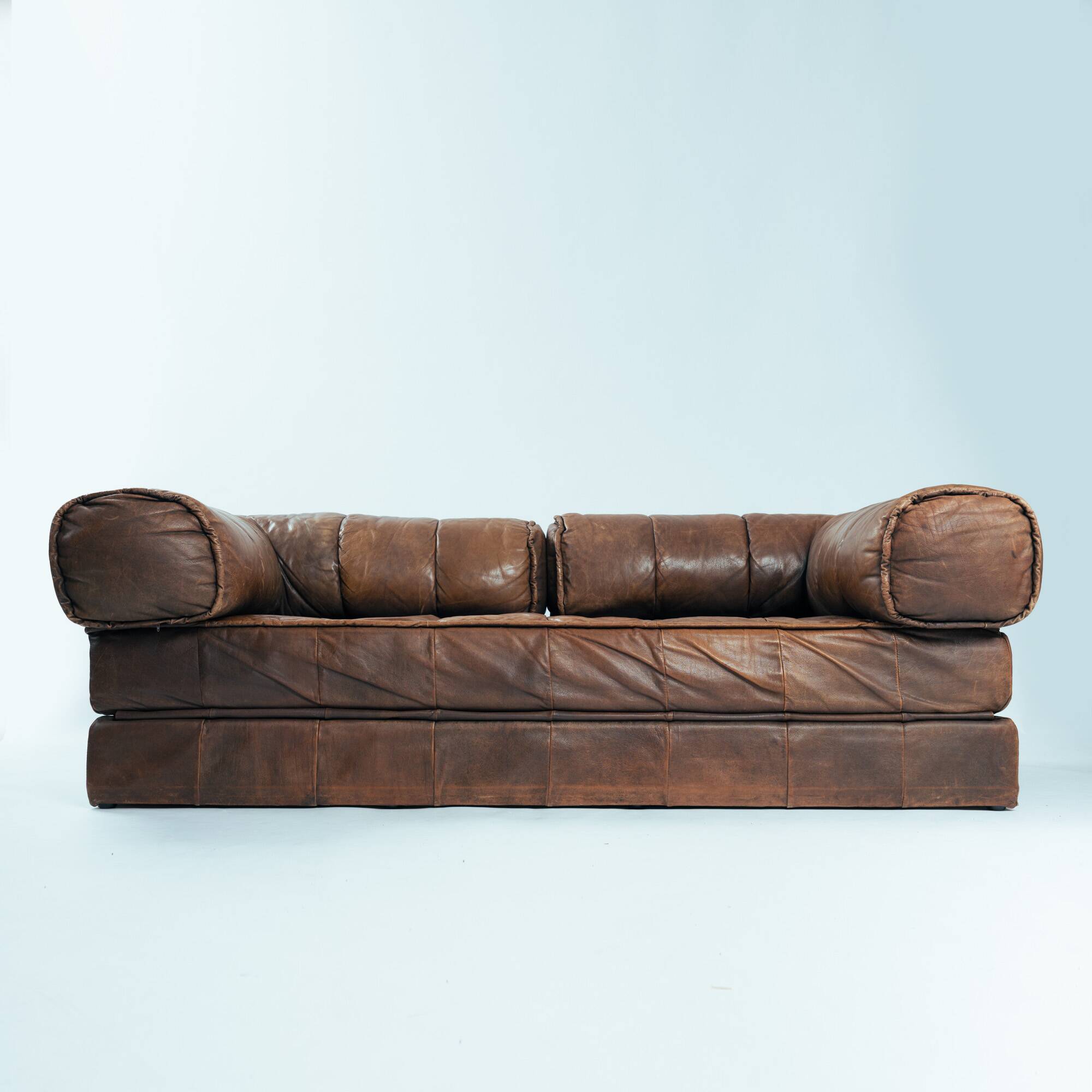 Brown Modular Leather Patchwork Sleeping Sofa Daybed, 1970s