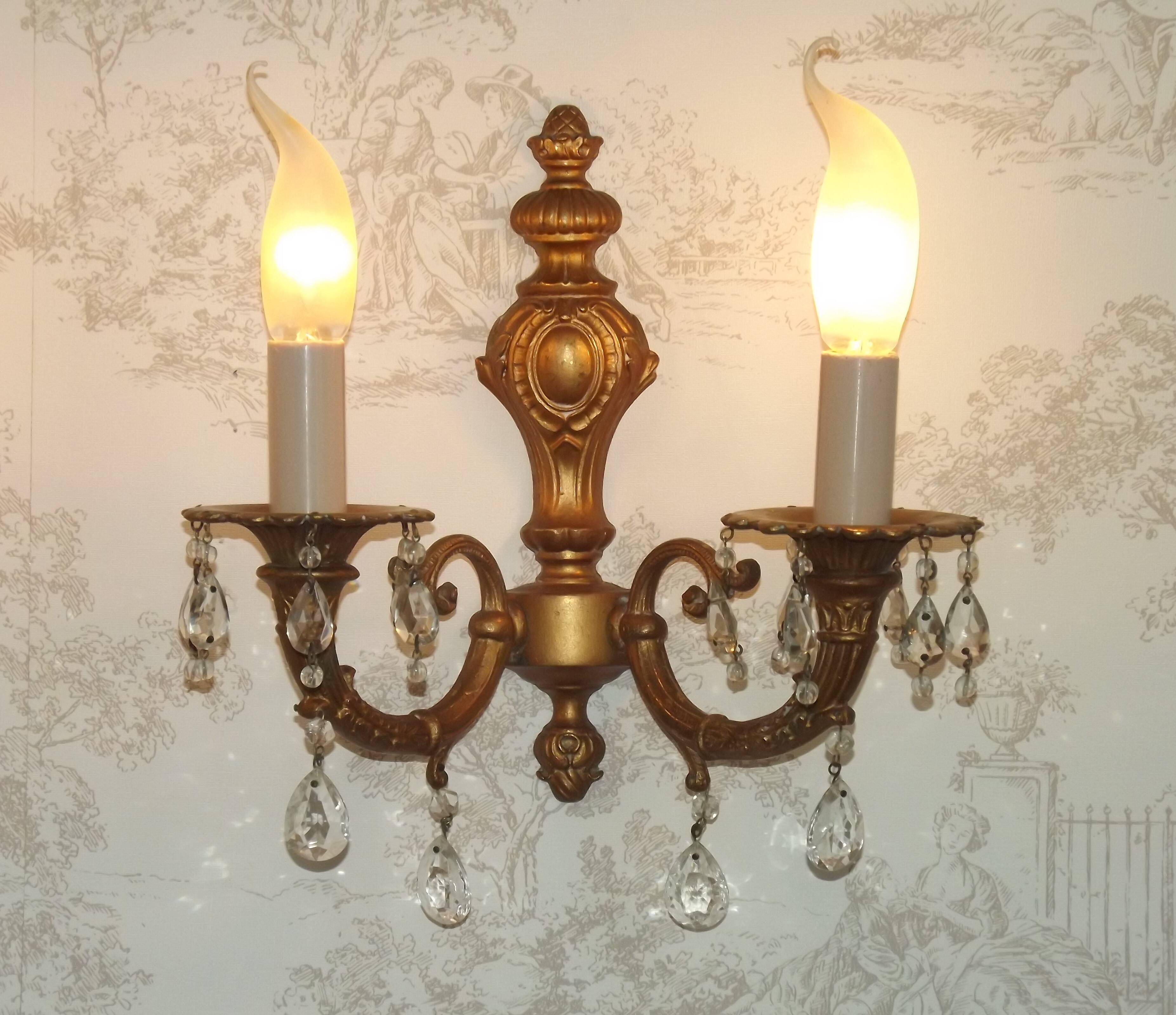 Pair French Vintage Bronze Double Wall Lights Assorted Crystal Drops 5352