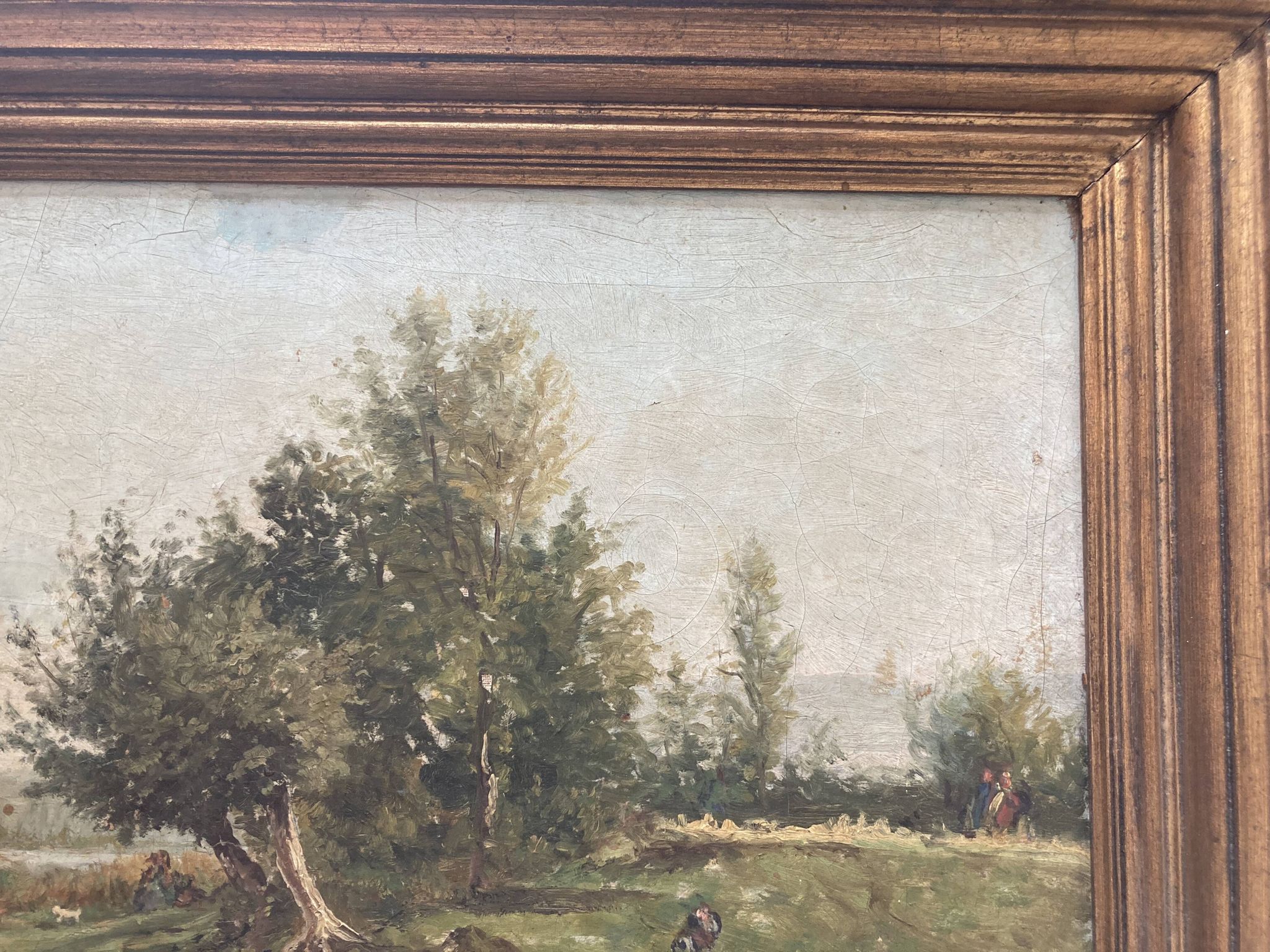 Tableau ancien - scène animée : Elégantes au bord du fleuve - post impressioniste