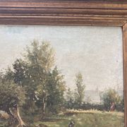 Tableau ancien - scène animée : Elégantes au bord du fleuve - post impressioniste
