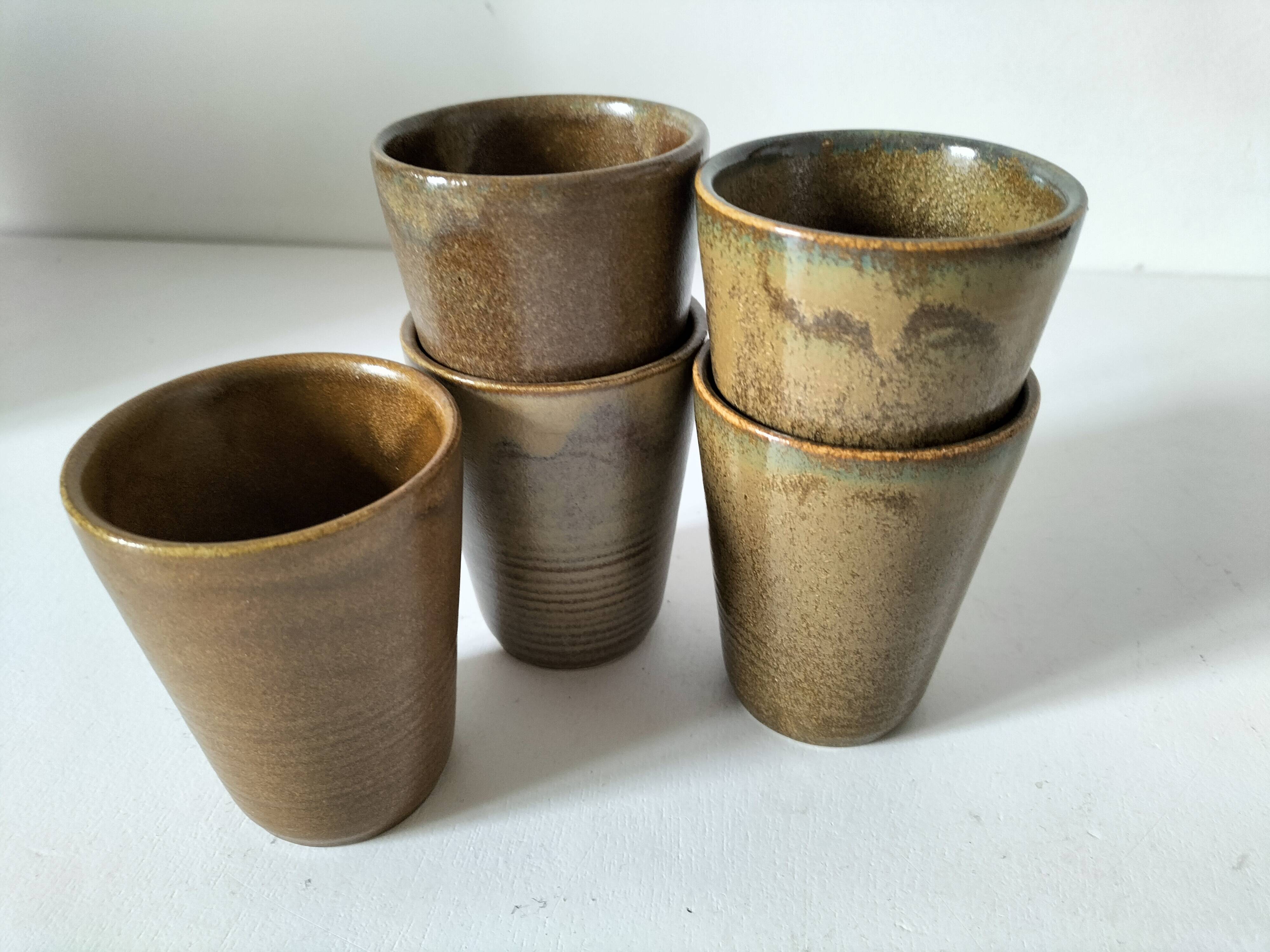 5 speckled stoneware cups from digoin (gp digoin) in brown, 1970s.