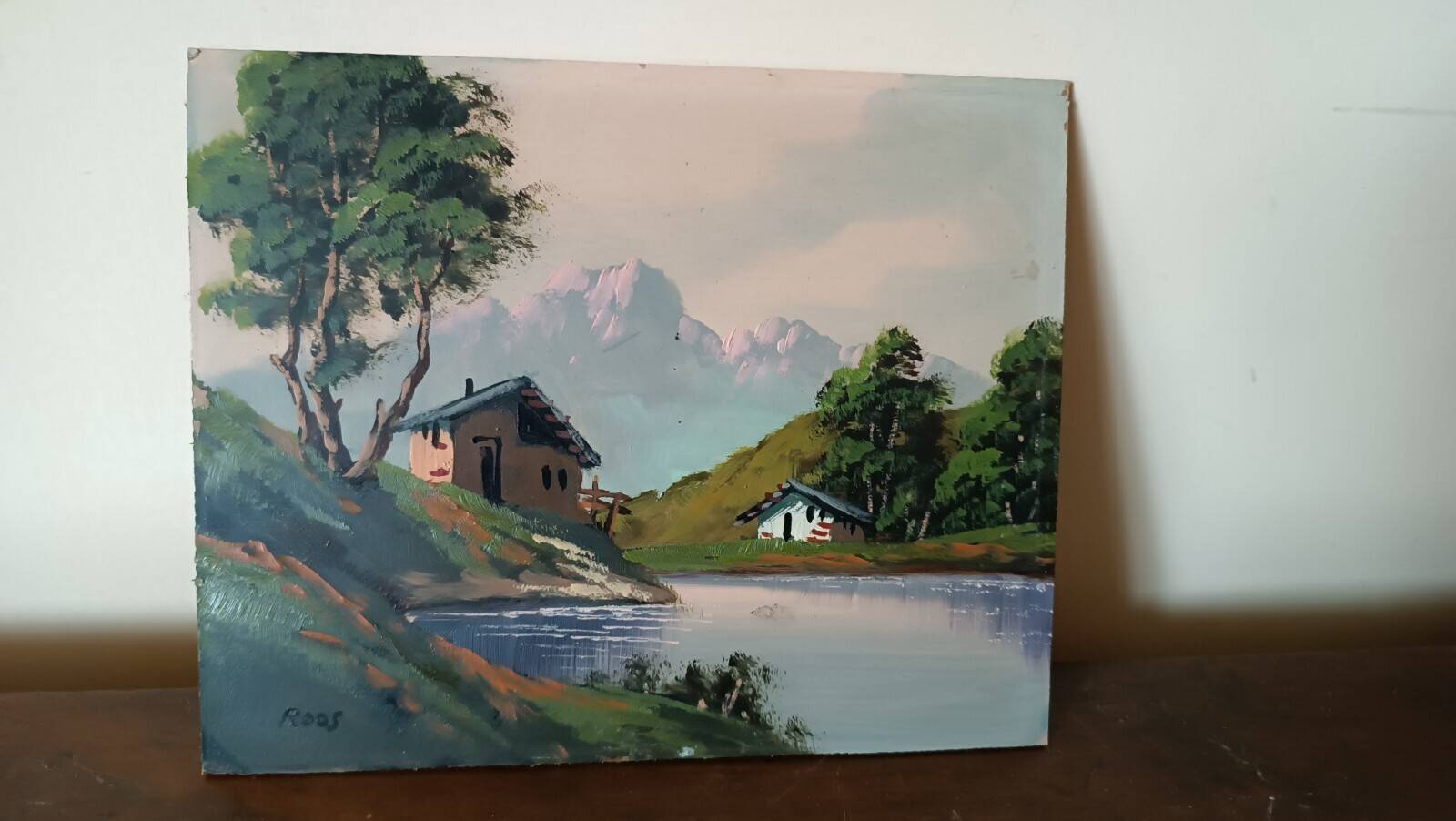 Oil painting on faesite from the 50s signed roos mountain landscape