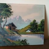 Oil painting on faesite from the 50s signed roos mountain landscape