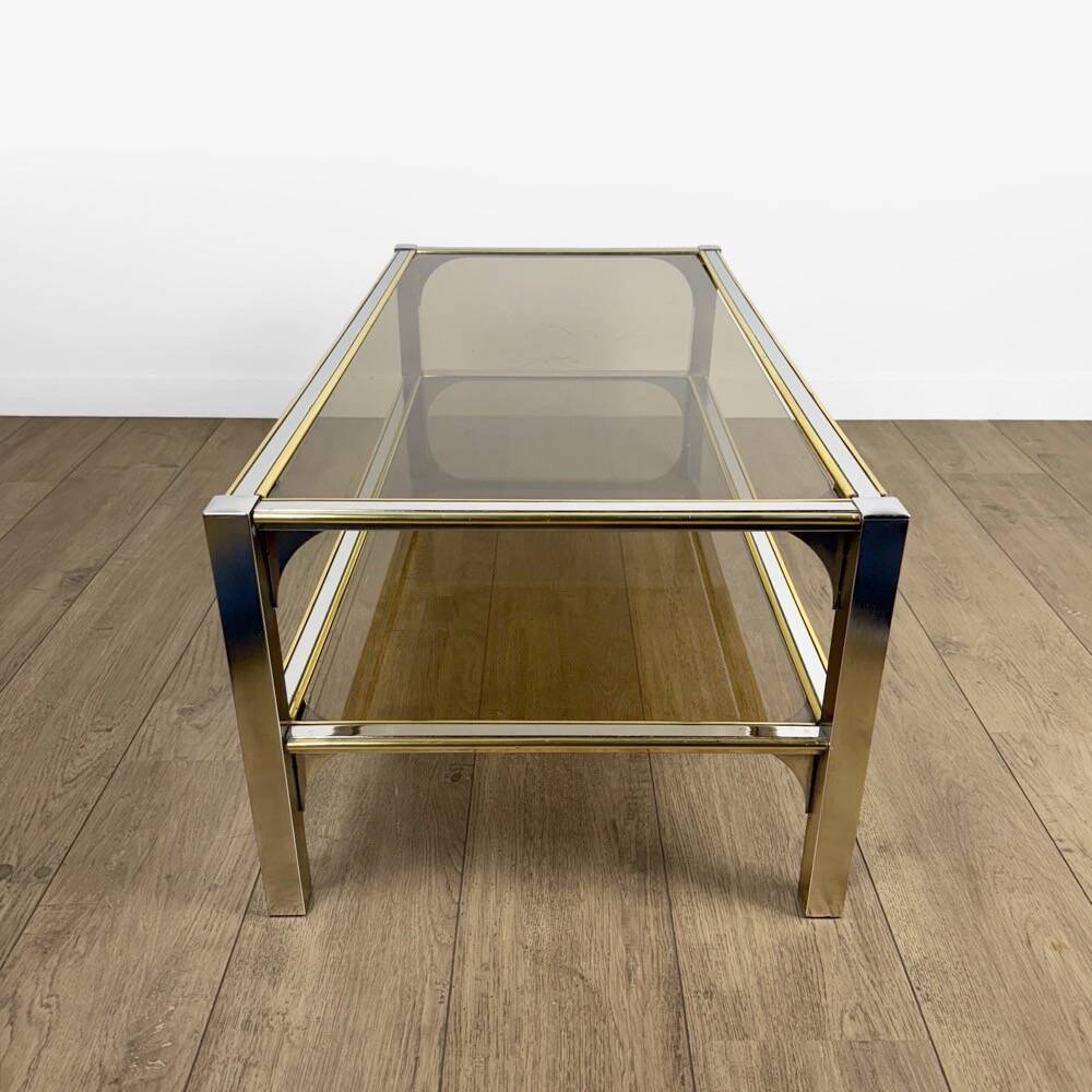 Chrome and smoked glass coffee table with double top from the 1970s.