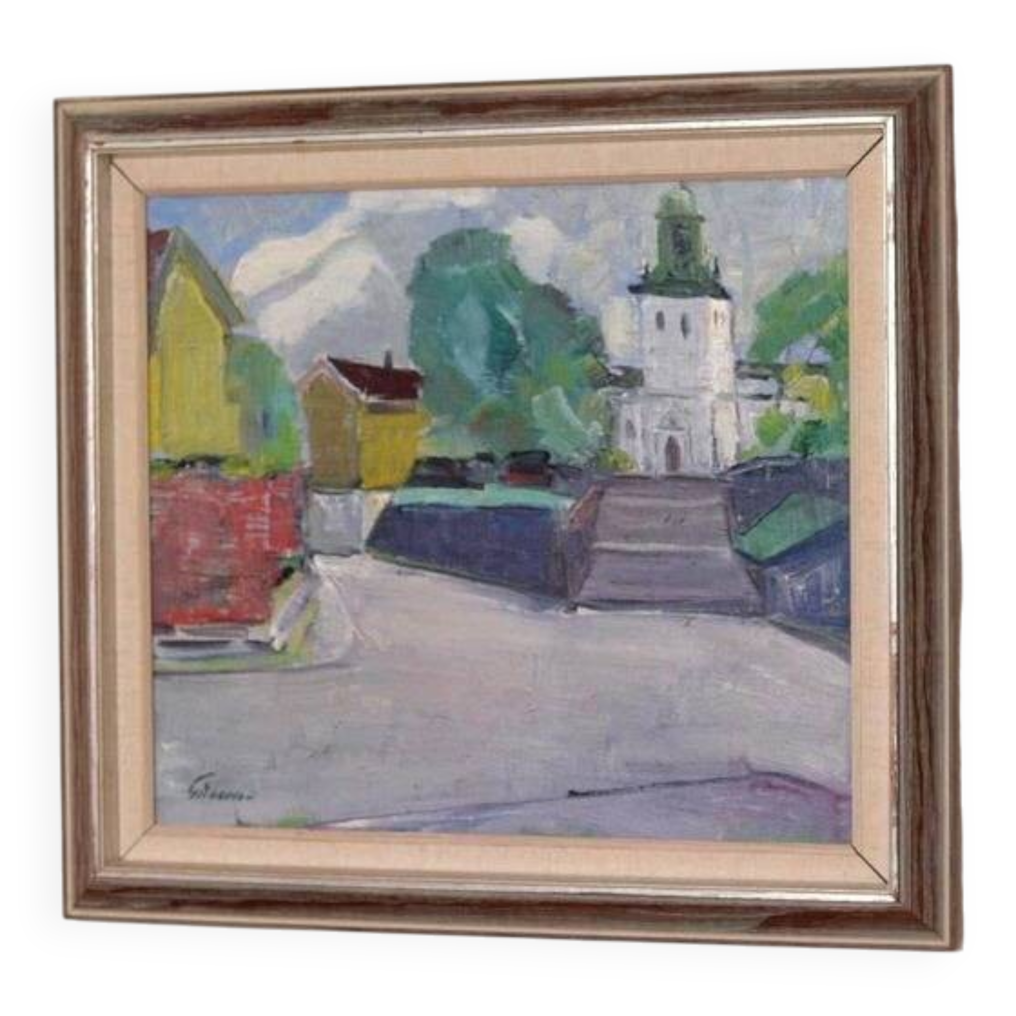 Original Swedish oil on canvas – “Church” by Stig Gilborne – vintage & framed – 67 × 52 cm (26.4" × 20.5")