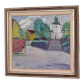 Huile sur toile originale suédoise – « Église » par Stig Gilborne – vintage et encadrée – 67 × 52 cm (26,4" × 20,5")