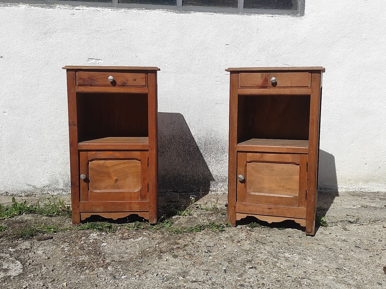 Pair of bedside tables sideboards one door one drawer in rustic fir art deco
