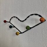 Vintage 1960 coat rack heart 5 ball hooks wood - 60 cm