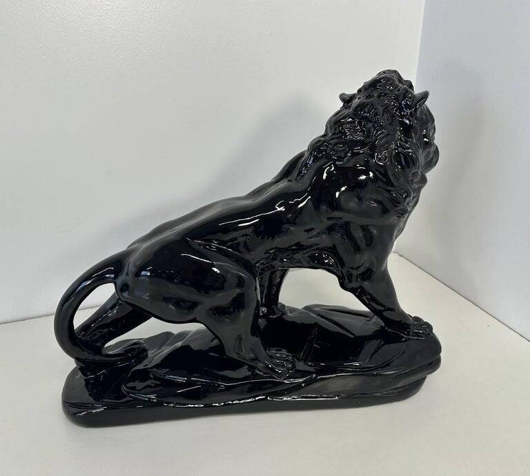 Polished Black Terracotta Lion Art Deco Italian, 1930s
