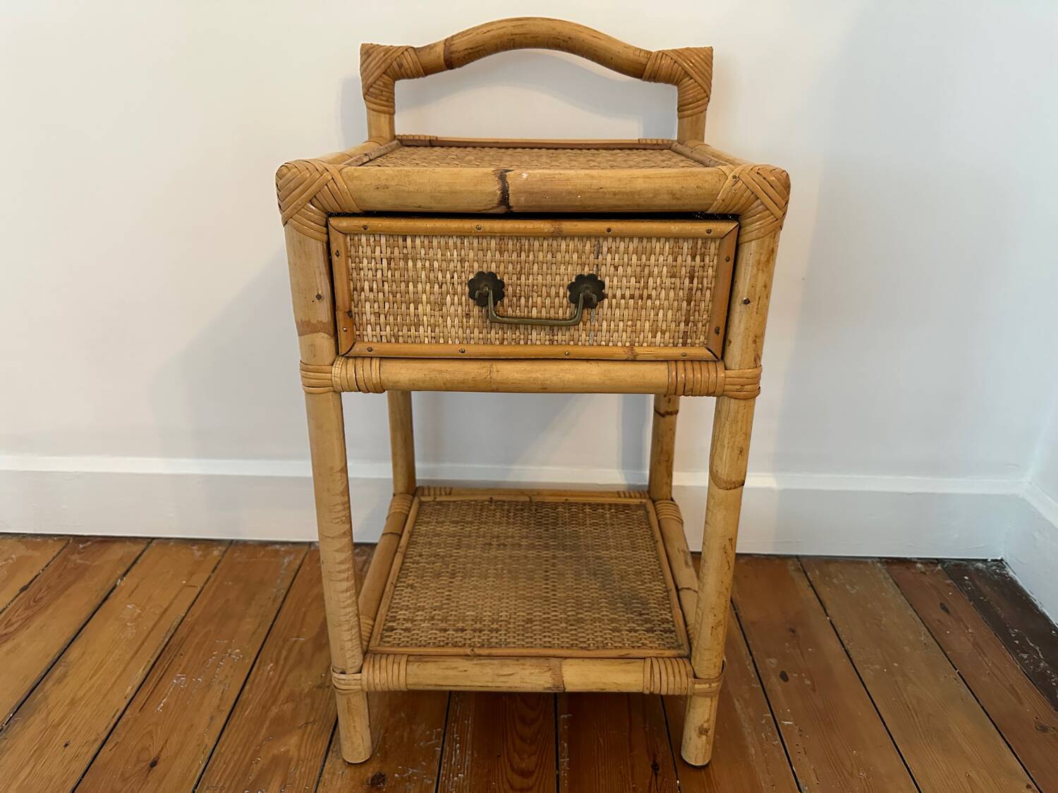 Antique rattan bedside table with vintage drawer