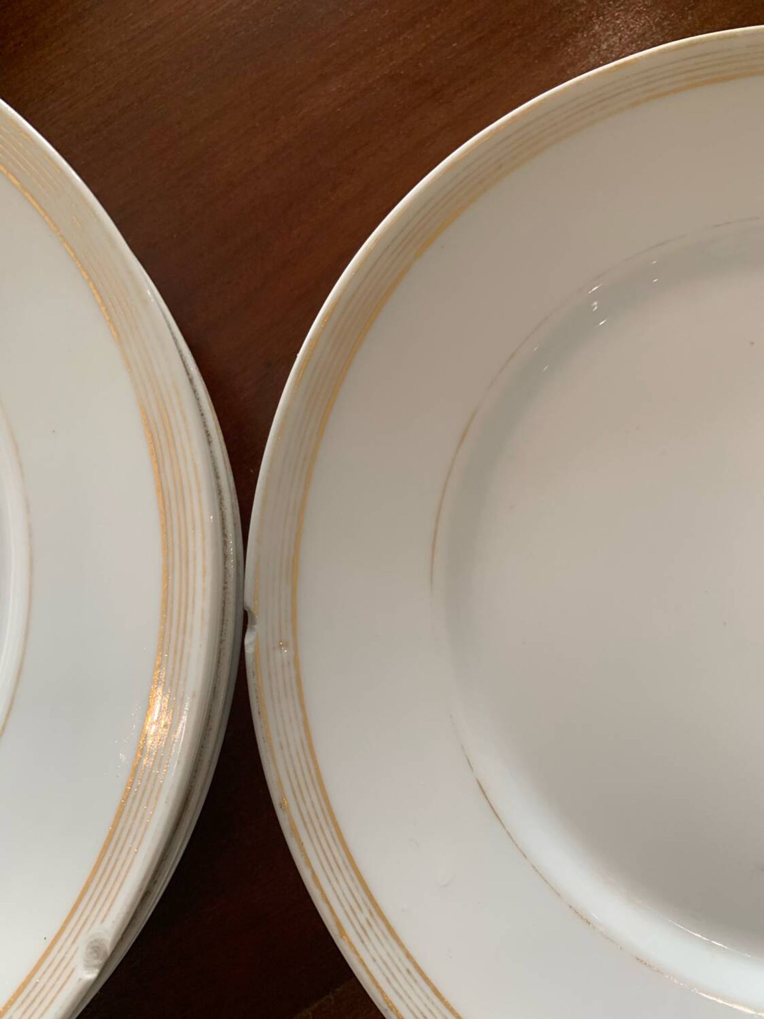 Lot of six flat plates, crockery, old white, gilded
