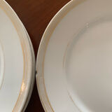 Lot of six flat plates, crockery, old white, gilded