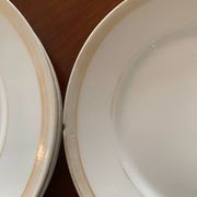 Lot of six flat plates, crockery, old white, gilded
