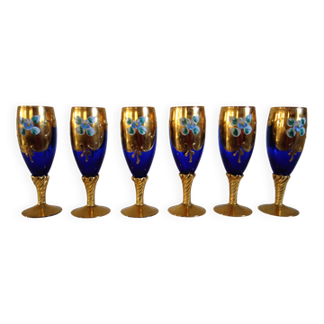 6 vintage cobalt blue and gold Murano aperitif glasses