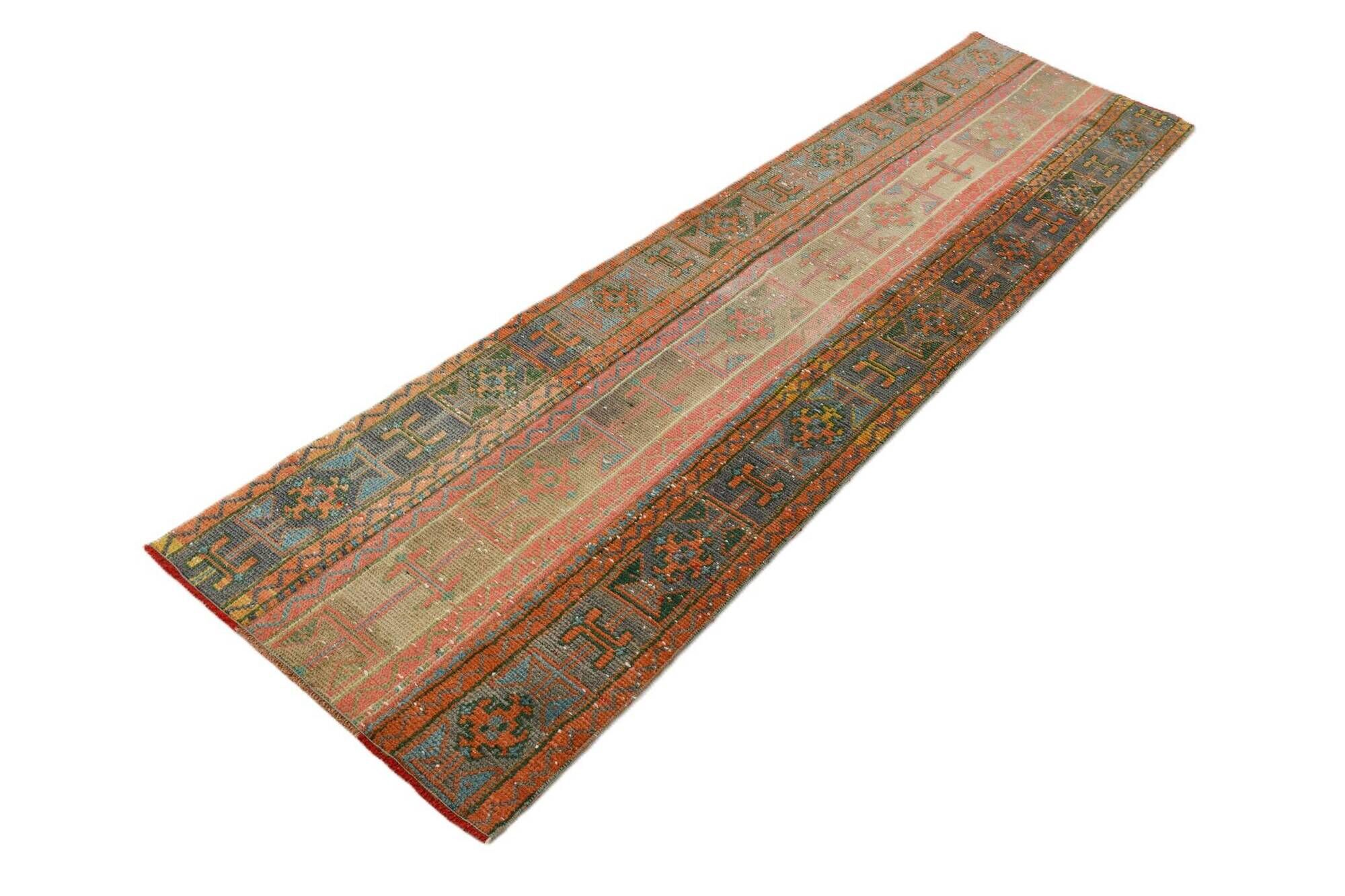 2x9 Vintage Coral Orange & Green Turkish Runner Rug, 70x275Cm