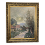 Old oil painting on canvas attributed to R. SCHWAB. Village vintage gilded wood frame 65 x 80 cm