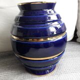 Large vintage ceramic vase in rounded blue and gold shape