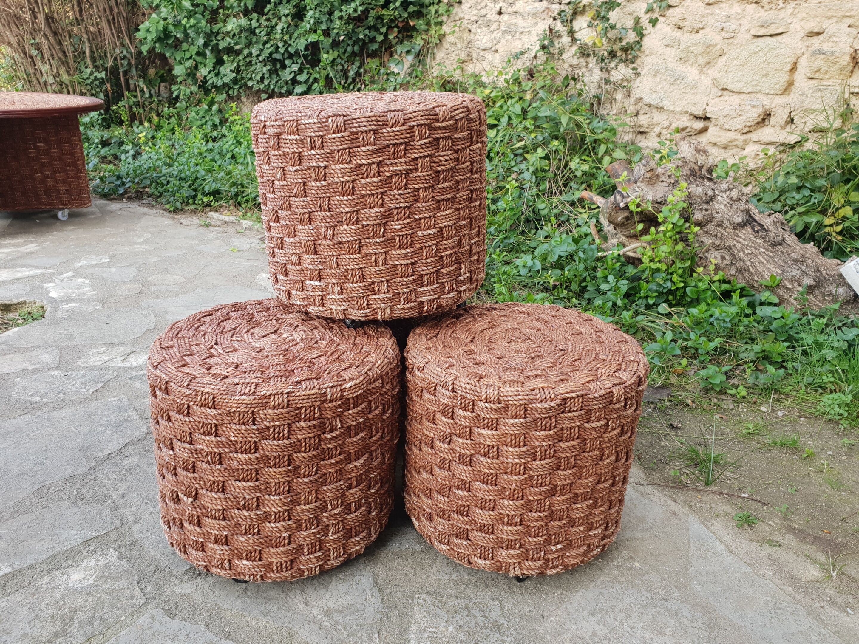 Vintage rope coffee table and stools