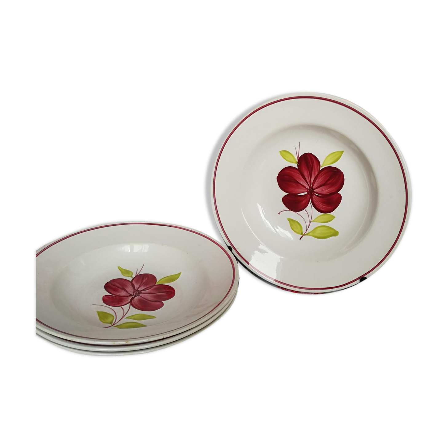 4 old hollow plates, model "Geraldine" red and green flowers