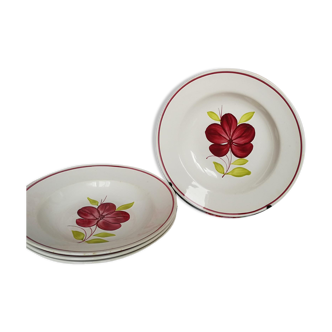 4 assiettes creuses anciennes, modèle "Géraldine" fleurs rouges et vertes