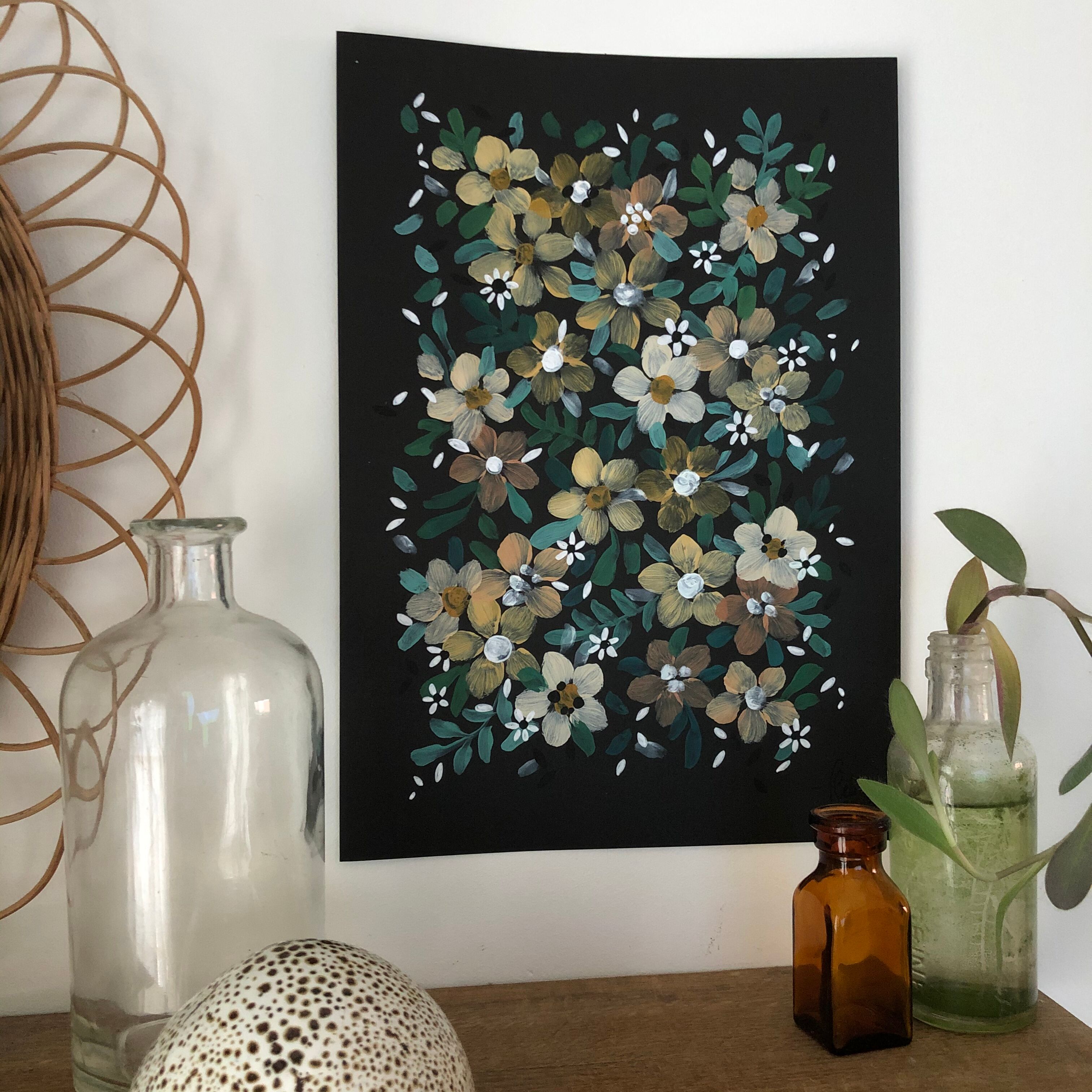 Peinture a4 fleurs jaunes et blanches