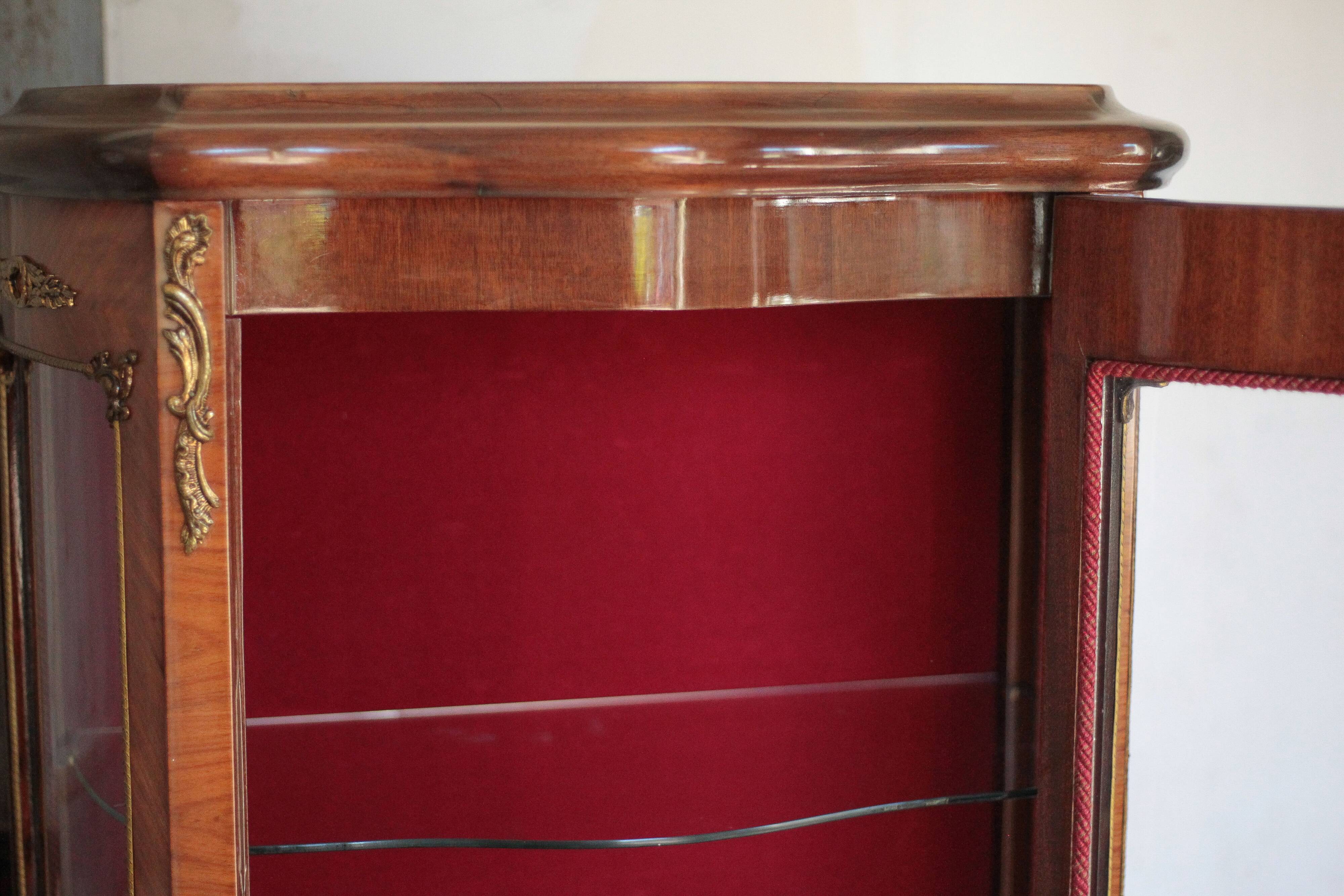 Marquetry display cabinet, curved Louis XV style, signed Marquant