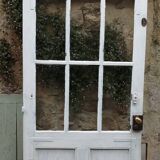 Glass pine door (6 panes) with its transom and removable shutter