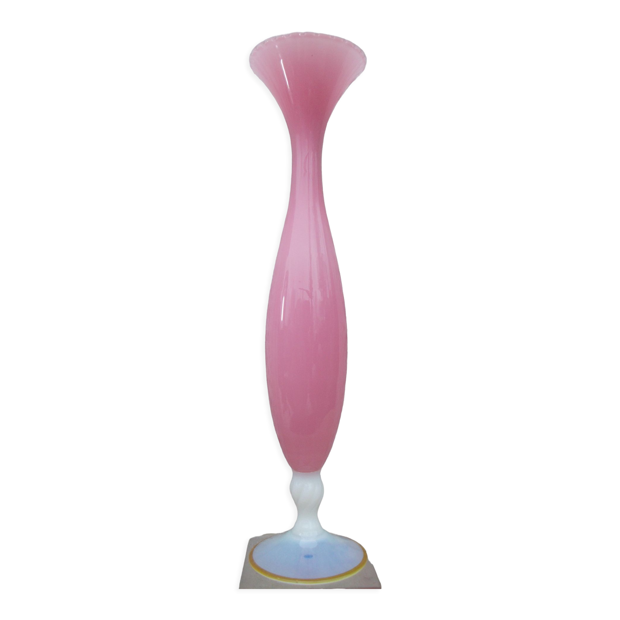 Pink opaline soliflore vase with white opalescent foot