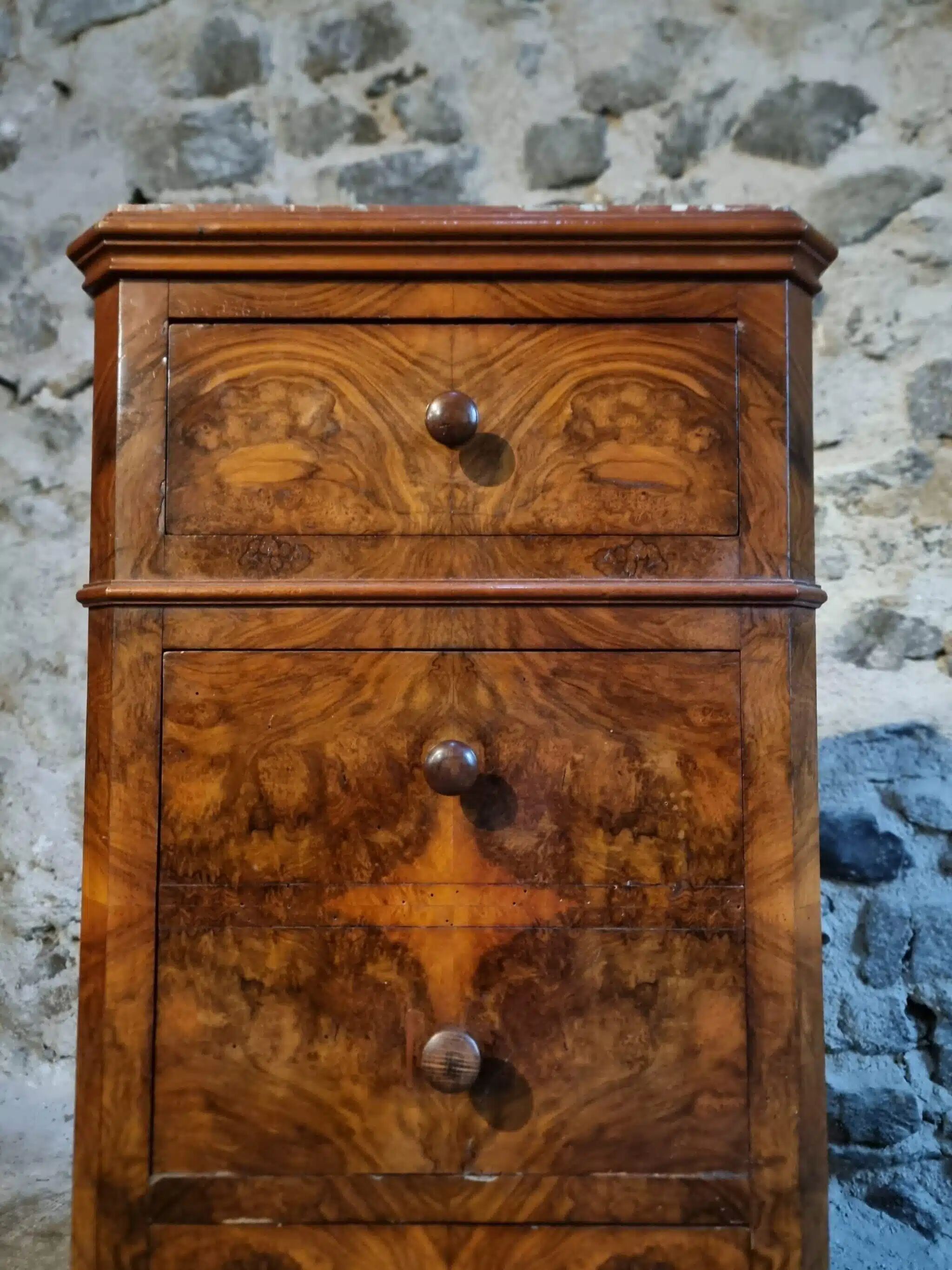 French antique bedside table in oak with walnut burl veneer, circa 1900.