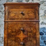 French antique bedside table in oak with walnut burl veneer, circa 1900.