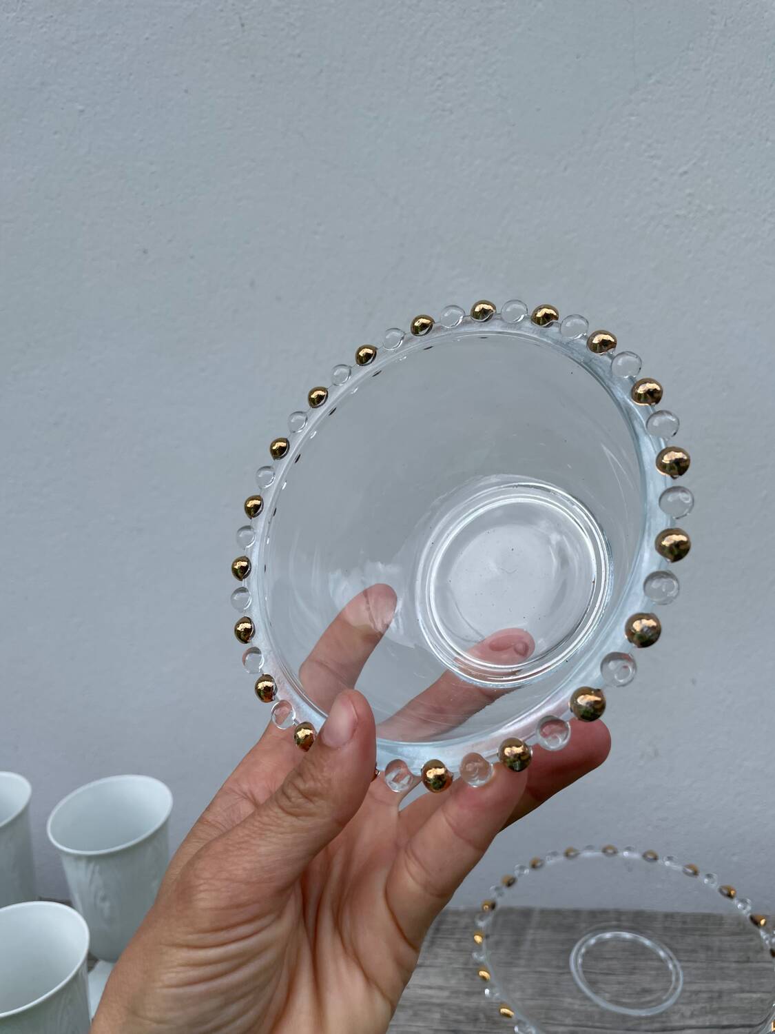 Trio of gold beaded glass dishes