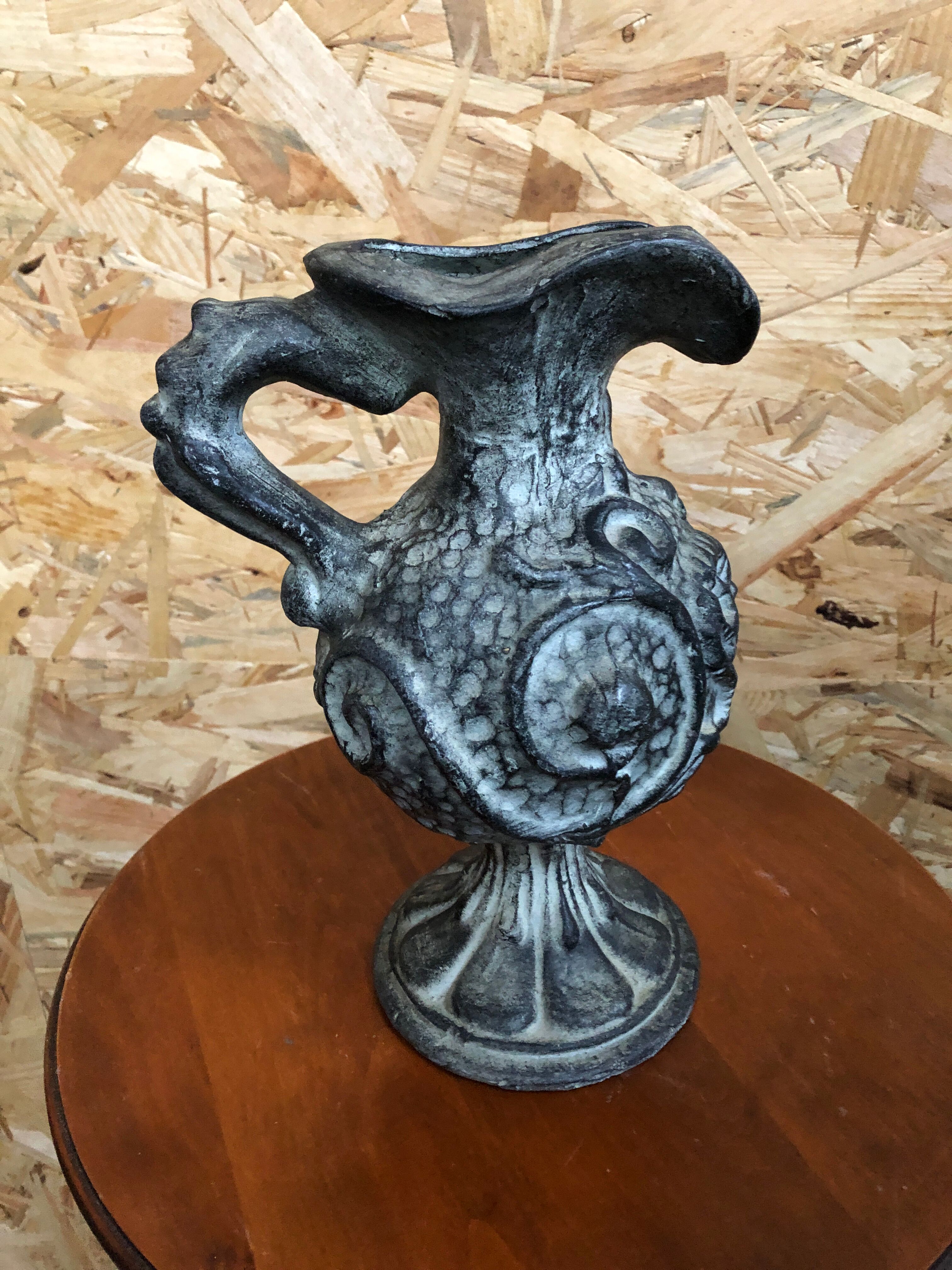 Old pitcher ewer gray ceramic signed vintage tableware