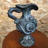 Old pitcher ewer gray ceramic signed vintage tableware