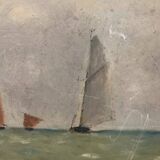 Peinture à l'huile vintage du XIXe siècle représentant un voilier en mer