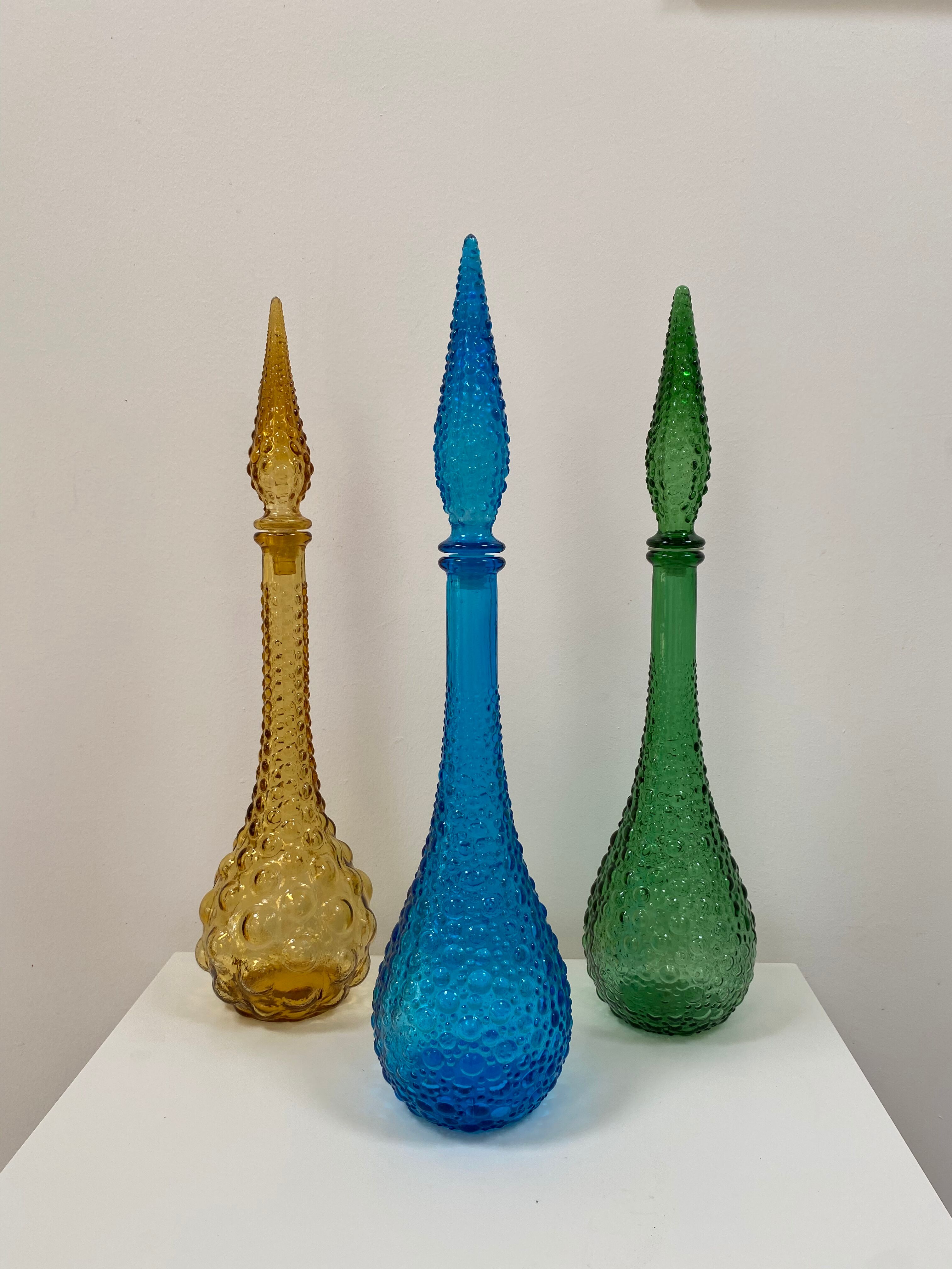 Set of 3 large Empoli decanters from the 60s