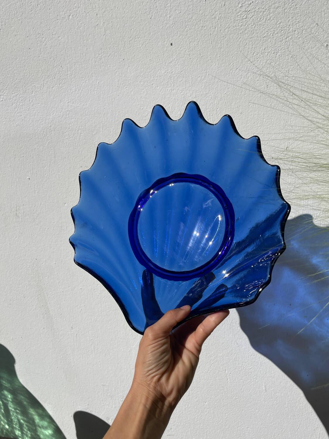 Blue glass shell salad bowl