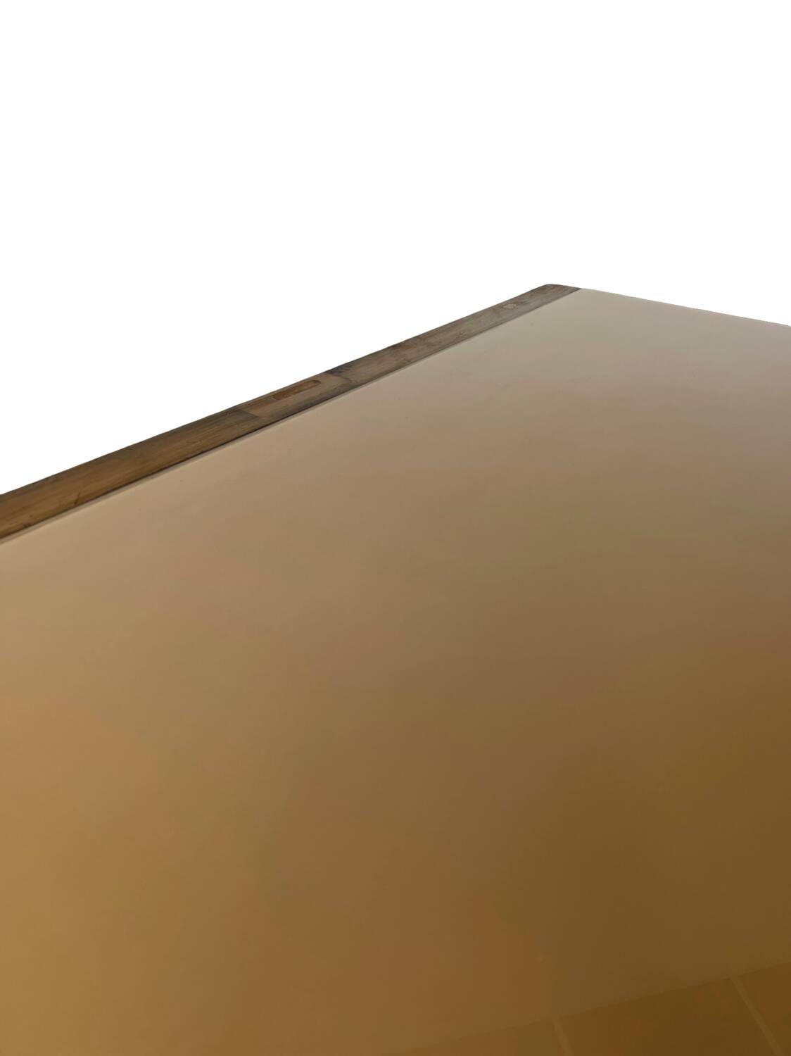 Veneered burl walnut chest of drawers with light warm brown glass top